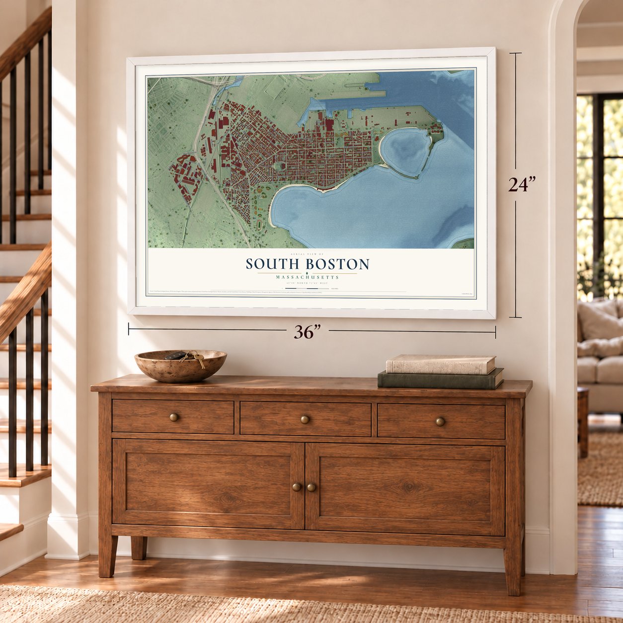 South Boston, Massachusetts map, 24 x 36 inch print in a white frame above a dresser by a staircase