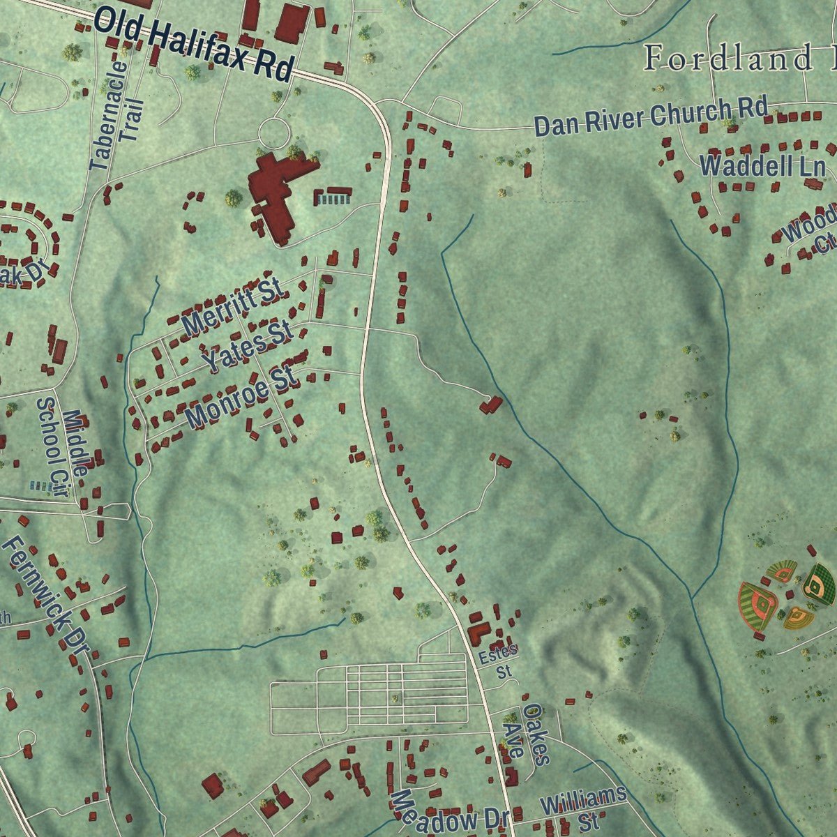Second close-up of the map of South Boston, Virginia print showing more streets and buildings