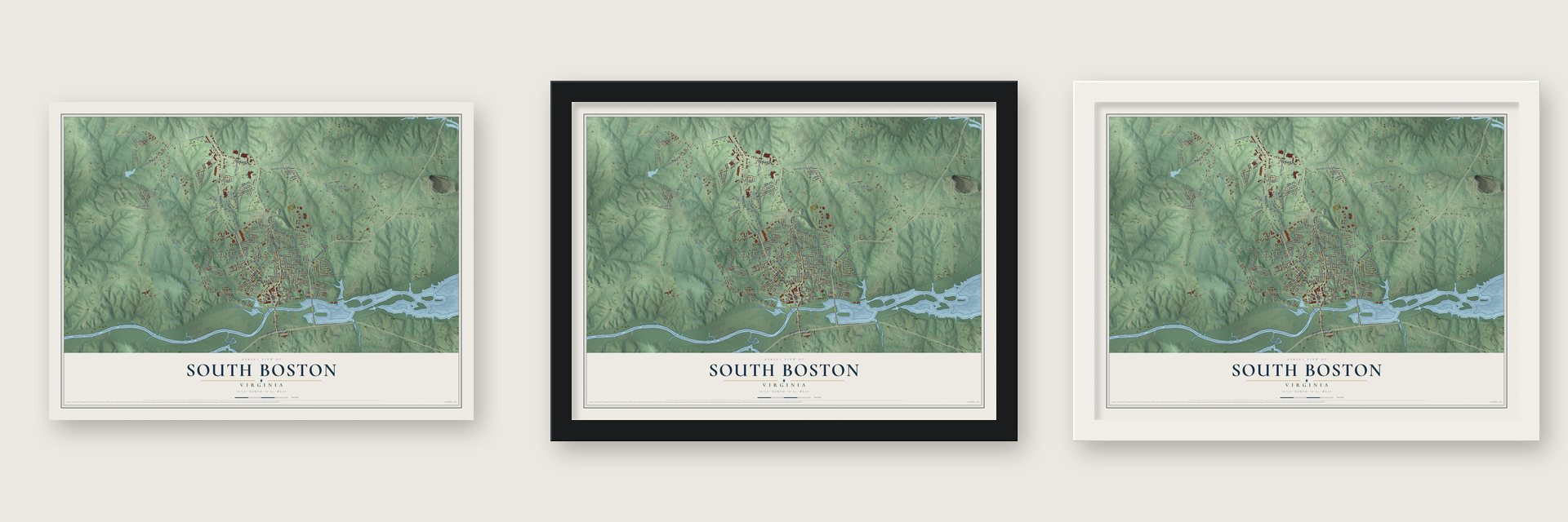 South Boston, Virginia map unframed, in a black wood frame and in a white wood frame