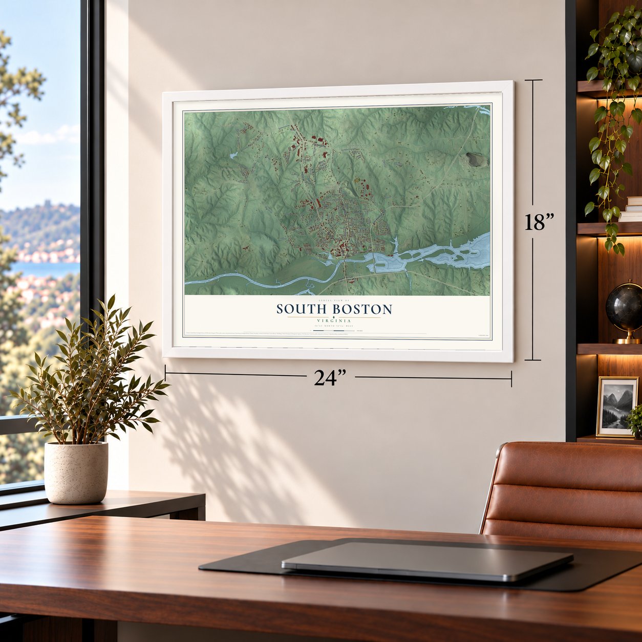 South Boston, Virginia map, 18 x 24 inch print in a white frame in a home office