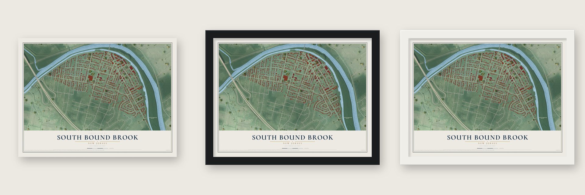 South Bound Brook, New Jersey map unframed, in a black wood frame and in a white wood frame