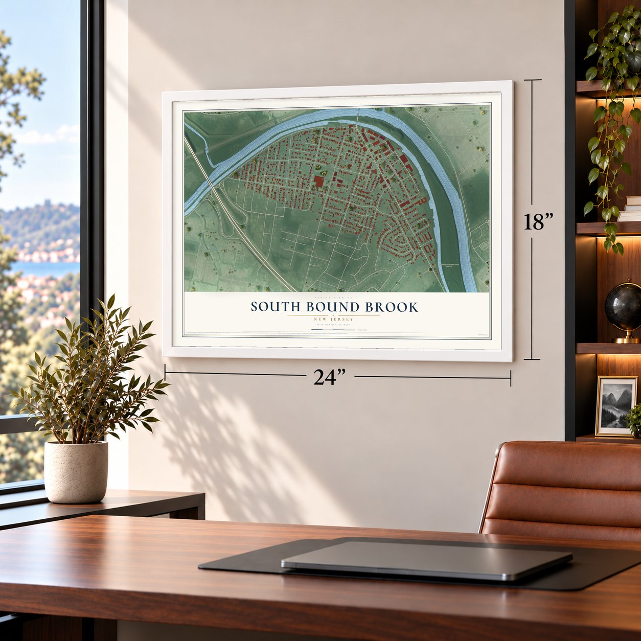 South Bound Brook, New Jersey map, 18 x 24 inch print in a white frame in a home office