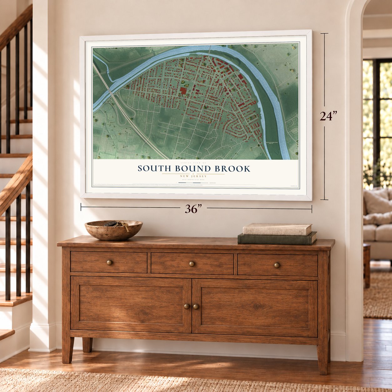 South Bound Brook, New Jersey map, 24 x 36 inch print in a white frame above a dresser by a staircase