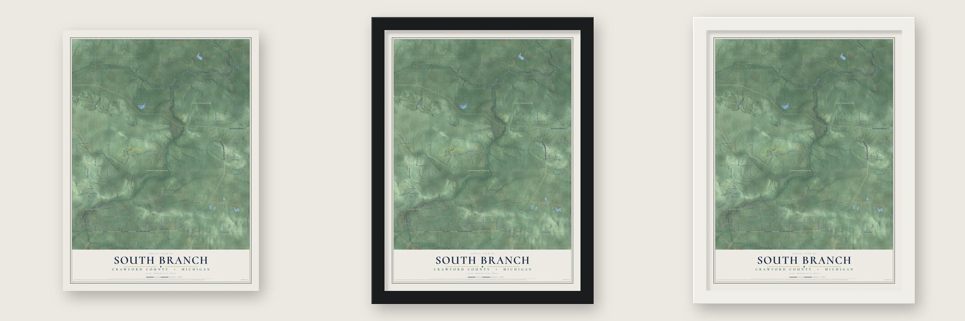 South Branch, Crawford County, Michigan map unframed, in a black wood frame and in a white wood frame