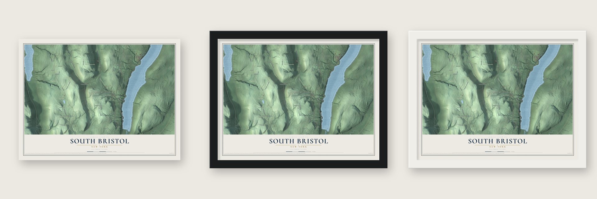 South Bristol, New York map unframed, in a black wood frame and in a white wood frame