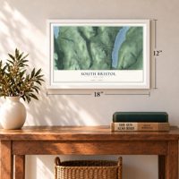 South Bristol, New York map, 12 x 18 inch print in a white frame in an entryway