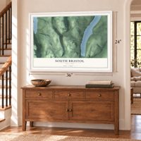 South Bristol, New York map, 24 x 36 inch print in a white frame above a dresser by a staircase