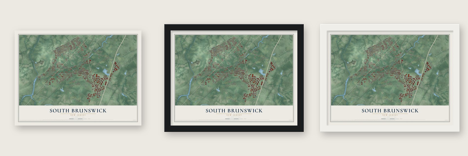 South Brunswick, New Jersey map unframed, in a black wood frame and in a white wood frame