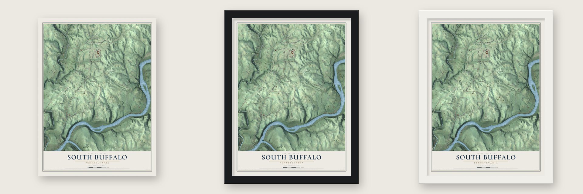 South Buffalo, Pennsylvania map unframed, in a black wood frame and in a white wood frame