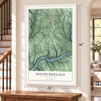 South Buffalo, Pennsylvania map, 24 x 36 inch print in a white frame by a staircase