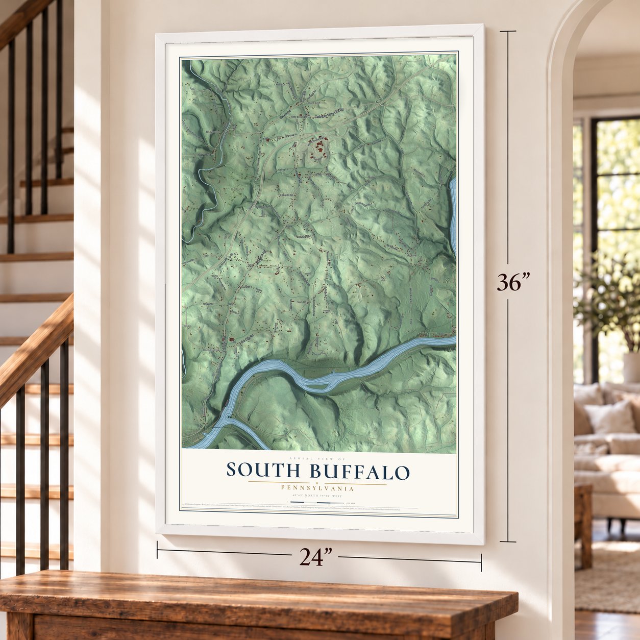 South Buffalo, Pennsylvania map, 24 x 36 inch print in a white frame by a staircase