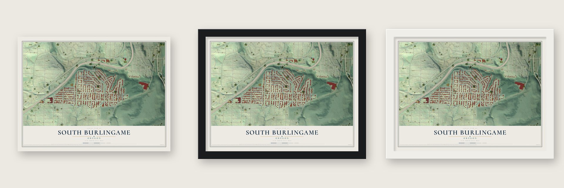 South Burlingame, Oregon map unframed, in a black wood frame and in a white wood frame