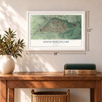 South Burlingame, Oregon map, 12 x 18 inch print in a white frame in an entryway