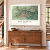 South Burlingame, Oregon map, 24 x 36 inch print in a white frame above a dresser by a staircase