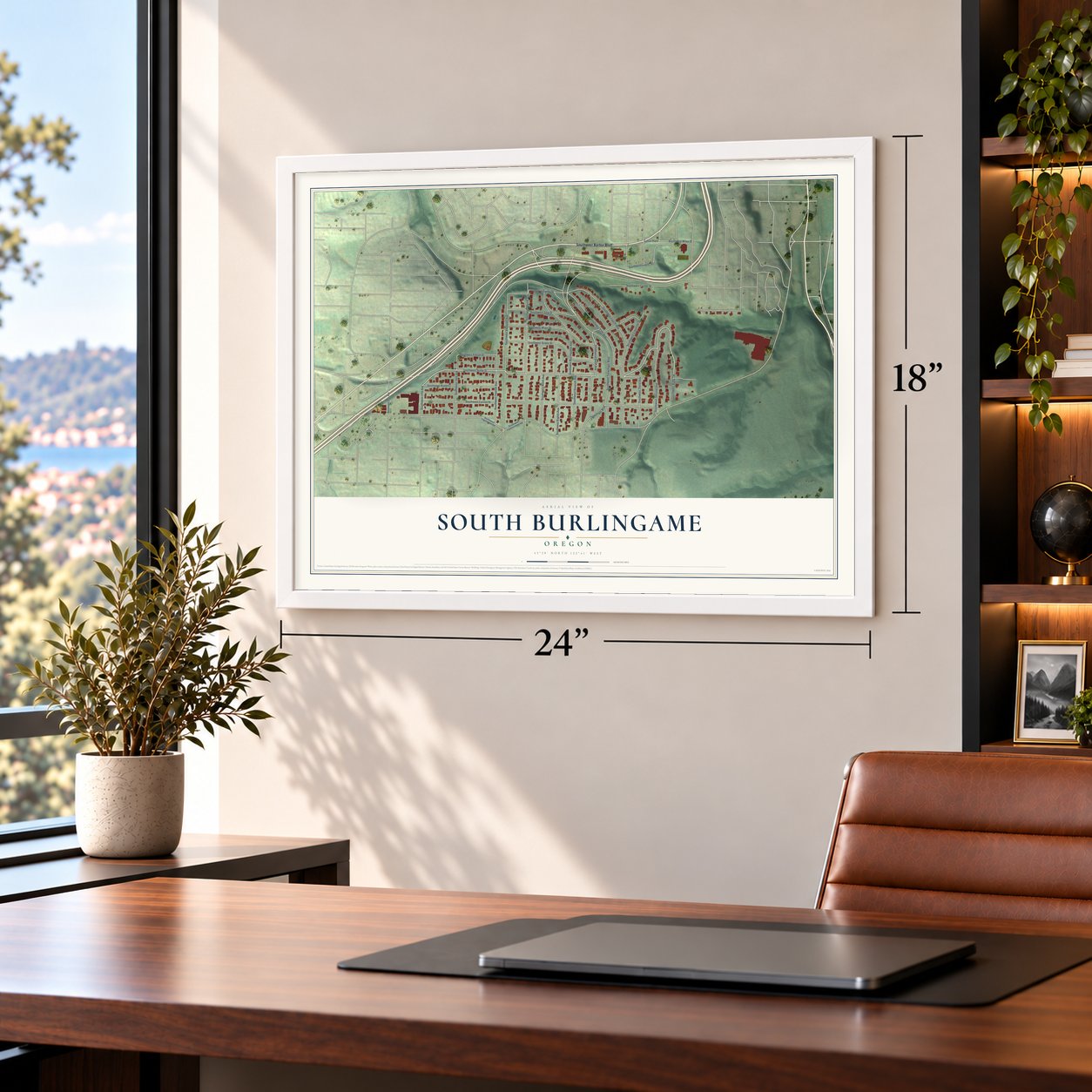 South Burlingame, Oregon map, 18 x 24 inch print in a white frame in a home office