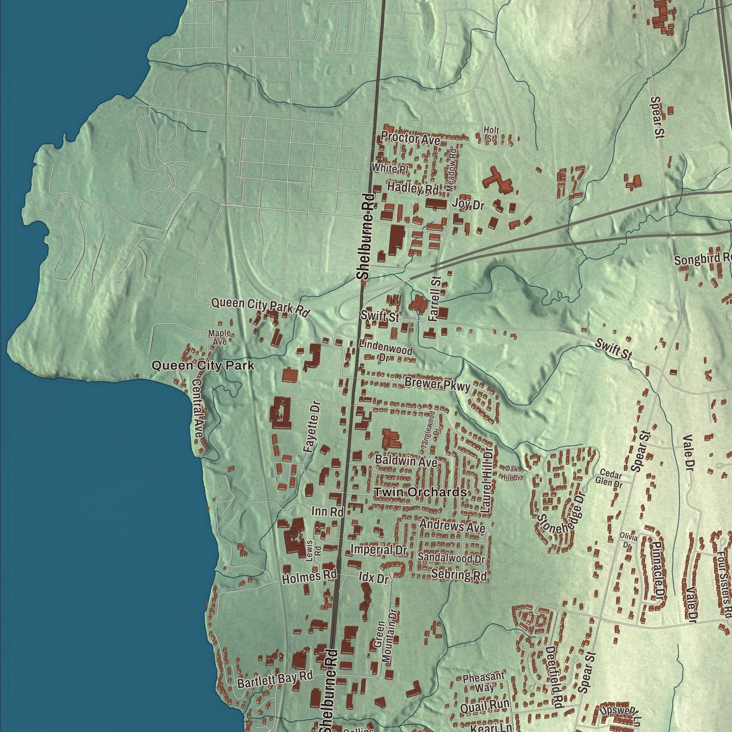 Close-up of the map of South Burlington, Vermont print showing terrain and local geography