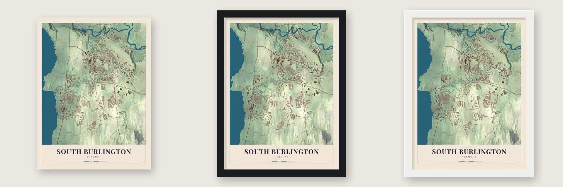 South Burlington, Vermont map unframed, in a black wood frame and in a white wood frame