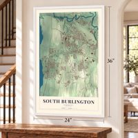 South Burlington, Vermont map, 24 x 36 inch print in a white frame by a staircase