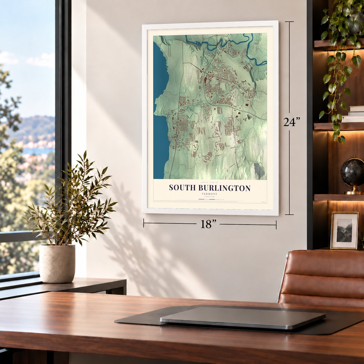 South Burlington, Vermont map, 18 x 24 inch print in a white frame in a home office