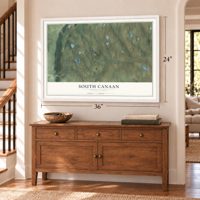 South Canaan, Pennsylvania map, 24 x 36 inch print in a white frame above a dresser by a staircase