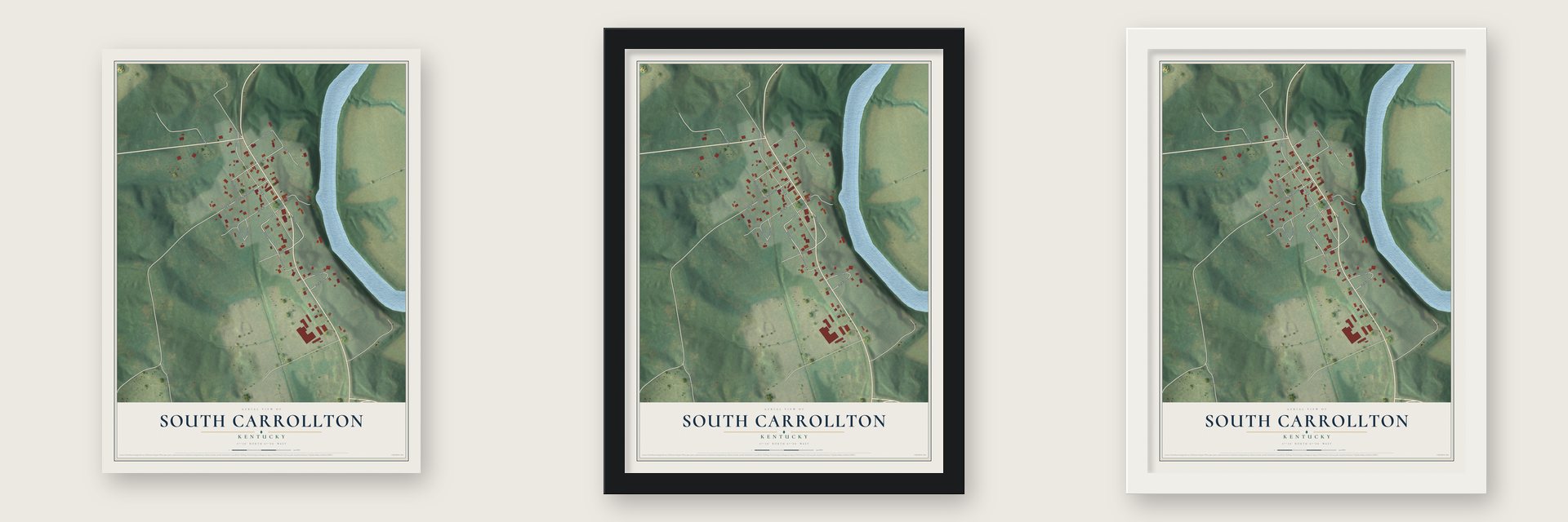South Carrollton, Kentucky map unframed, in a black wood frame and in a white wood frame