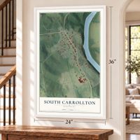 South Carrollton, Kentucky map, 24 x 36 inch print in a white frame by a staircase