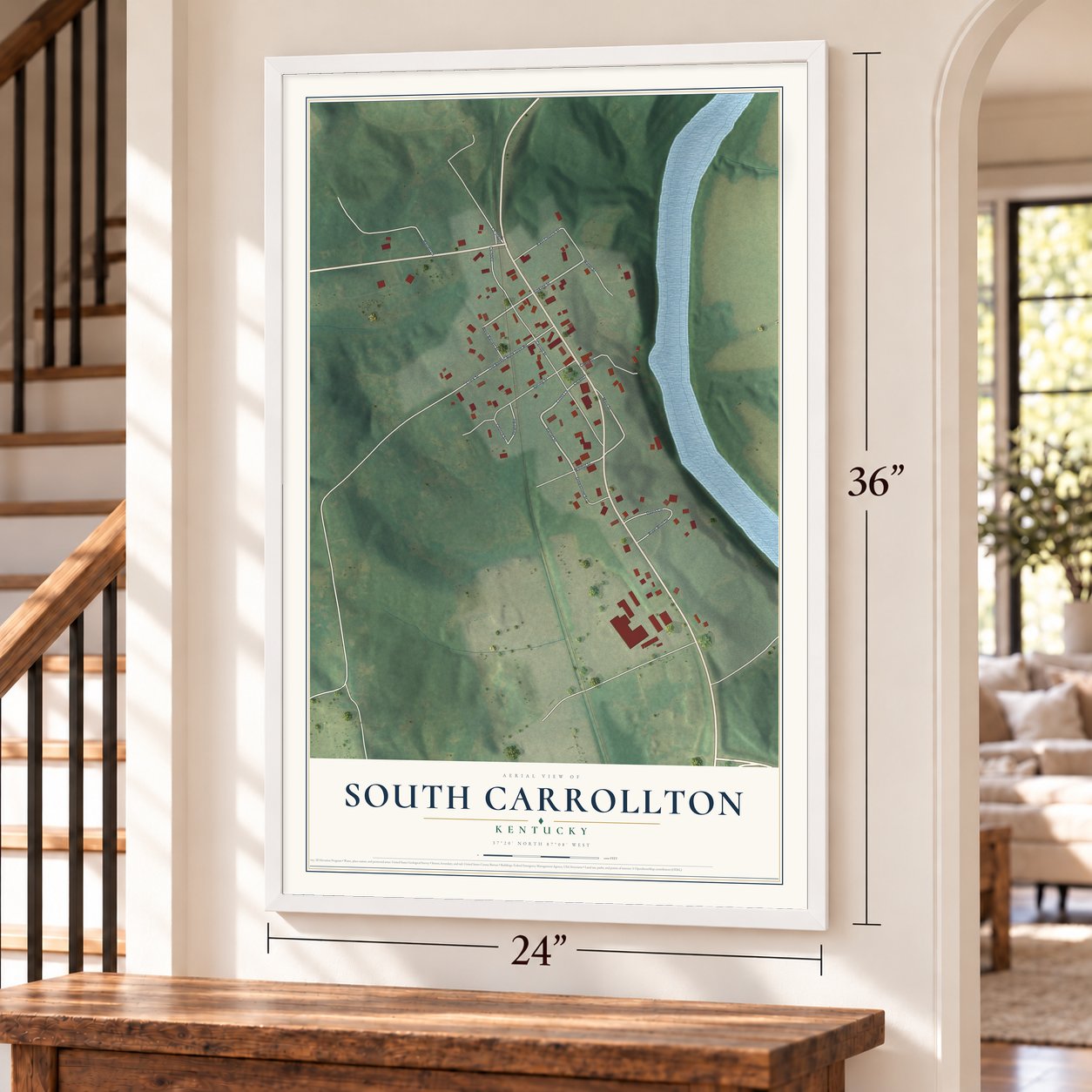 South Carrollton, Kentucky map, 24 x 36 inch print in a white frame by a staircase