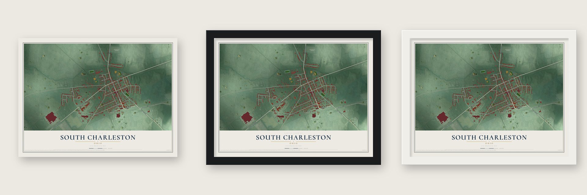 South Charleston, Ohio map unframed, in a black wood frame and in a white wood frame