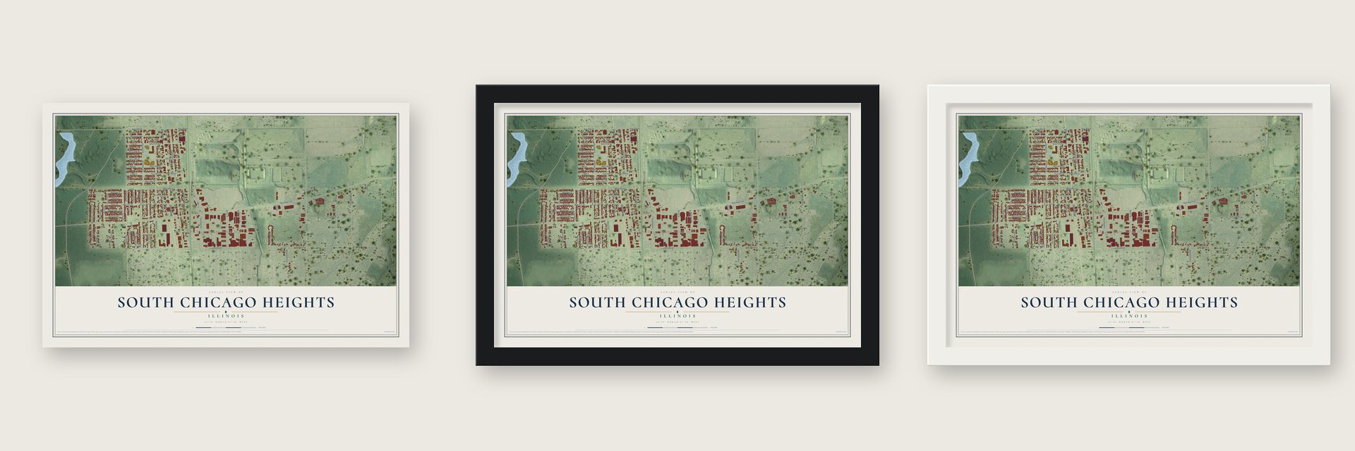 South Chicago Heights, Illinois map unframed, in a black wood frame and in a white wood frame