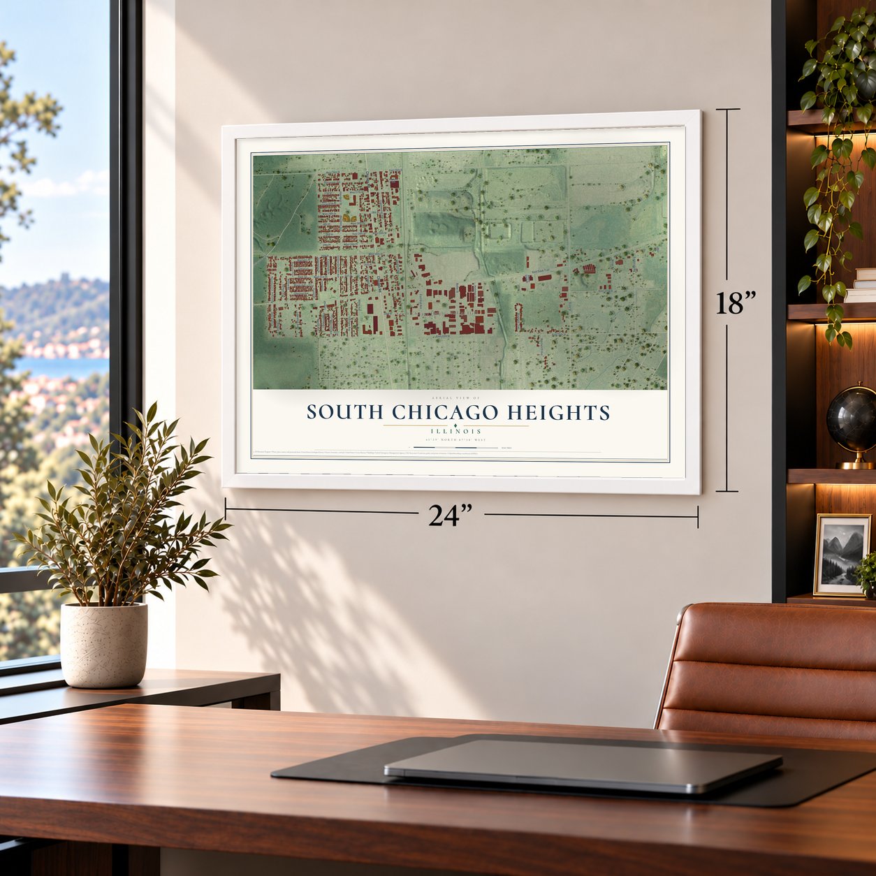 South Chicago Heights, Illinois map, 18 x 24 inch print in a white frame in a home office