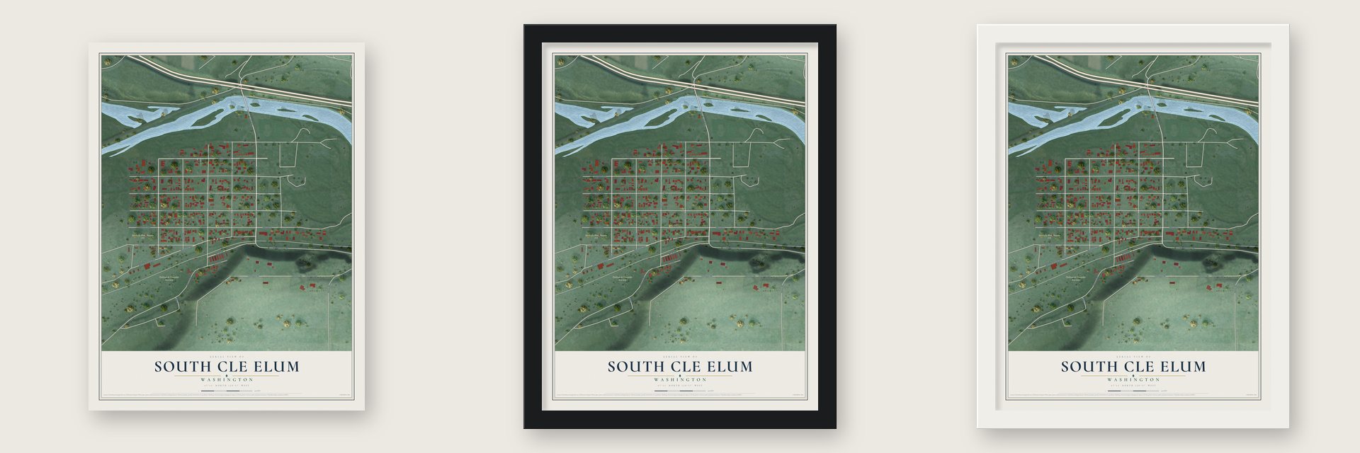South Cle Elum, Washington map unframed, in a black wood frame and in a white wood frame