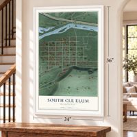 South Cle Elum, Washington map, 24 x 36 inch print in a white frame by a staircase