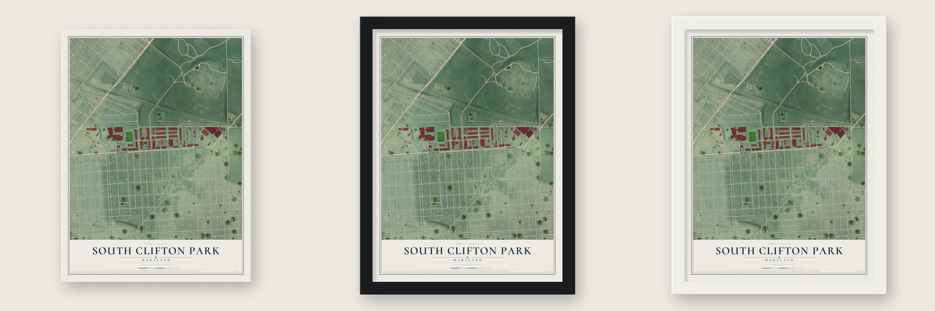 South Clifton Park, Maryland map unframed, in a black wood frame and in a white wood frame