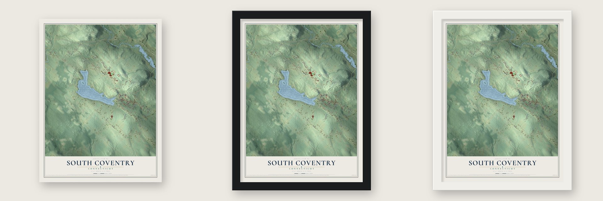 South Coventry, Connecticut map unframed, in a black wood frame and in a white wood frame
