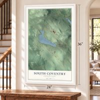 South Coventry, Connecticut map, 24 x 36 inch print in a white frame by a staircase