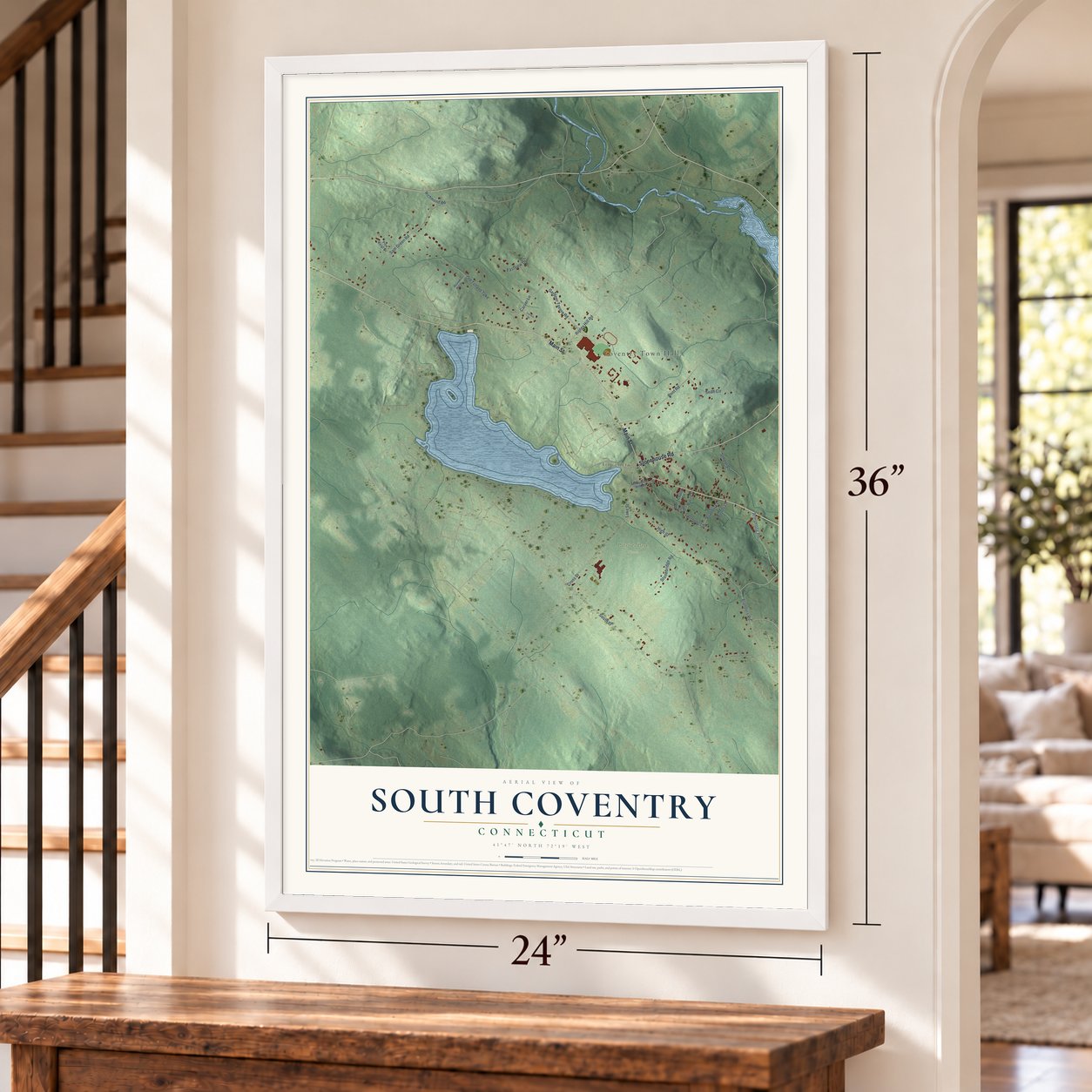South Coventry, Connecticut map, 24 x 36 inch print in a white frame by a staircase