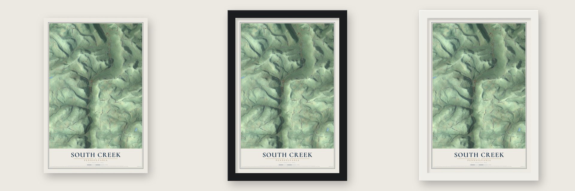 South Creek, Pennsylvania map unframed, in a black wood frame and in a white wood frame