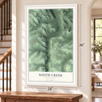 South Creek, Pennsylvania map, 24 x 36 inch print in a white frame by a staircase