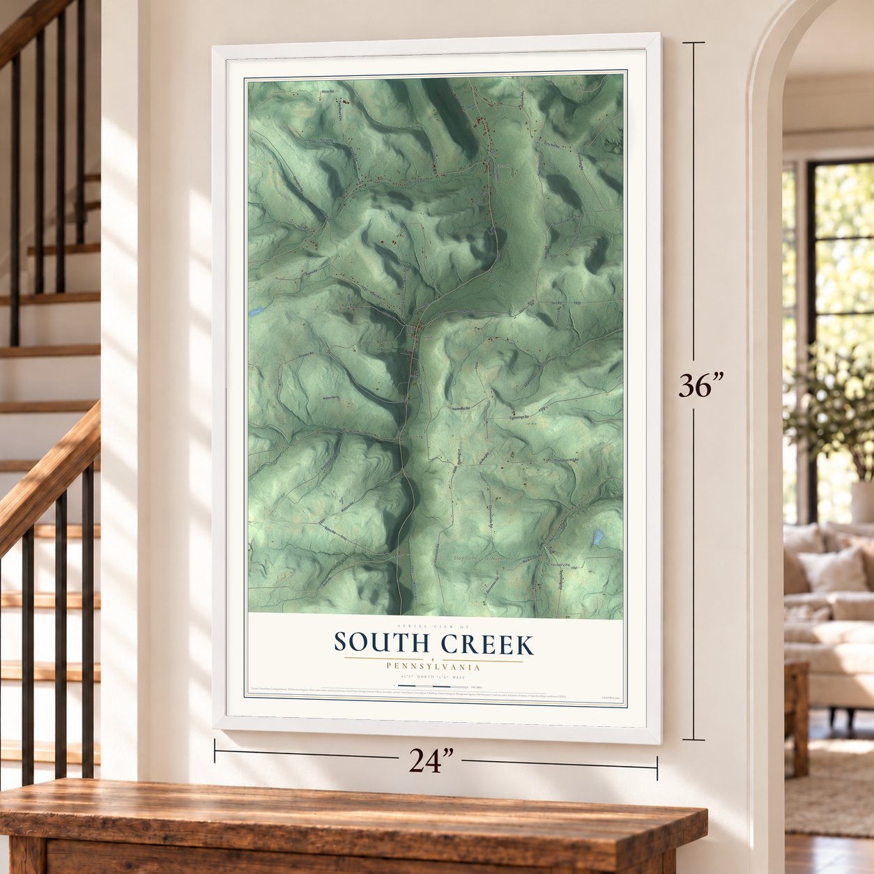 South Creek, Pennsylvania map, 24 x 36 inch print in a white frame by a staircase