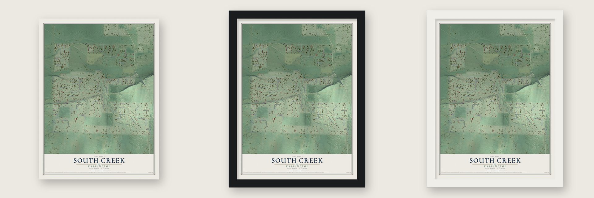 South Creek, Washington map unframed, in a black wood frame and in a white wood frame