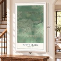 South Creek, Washington map, 24 x 36 inch print in a white frame by a staircase
