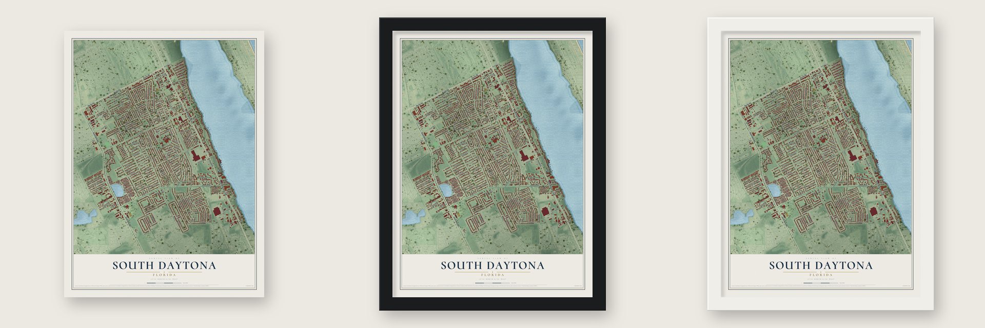South Daytona, Florida map unframed, in a black wood frame and in a white wood frame