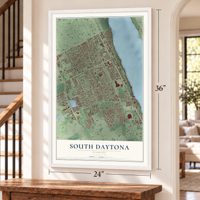 South Daytona, Florida map, 24 x 36 inch print in a white frame by a staircase