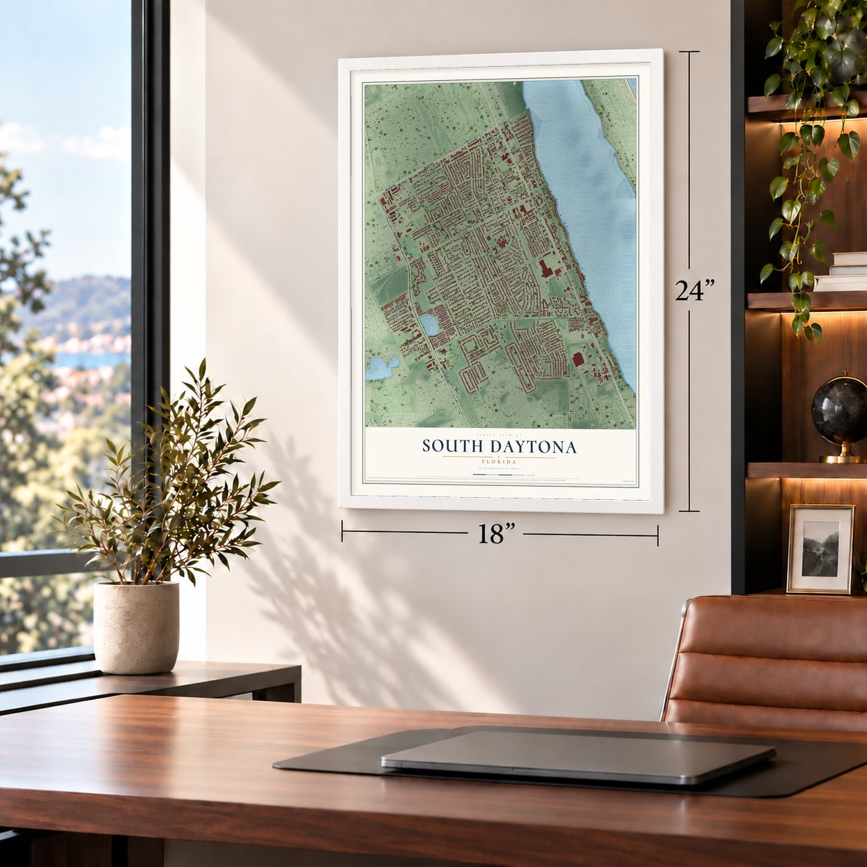 South Daytona, Florida map, 18 x 24 inch print in a white frame in a home office