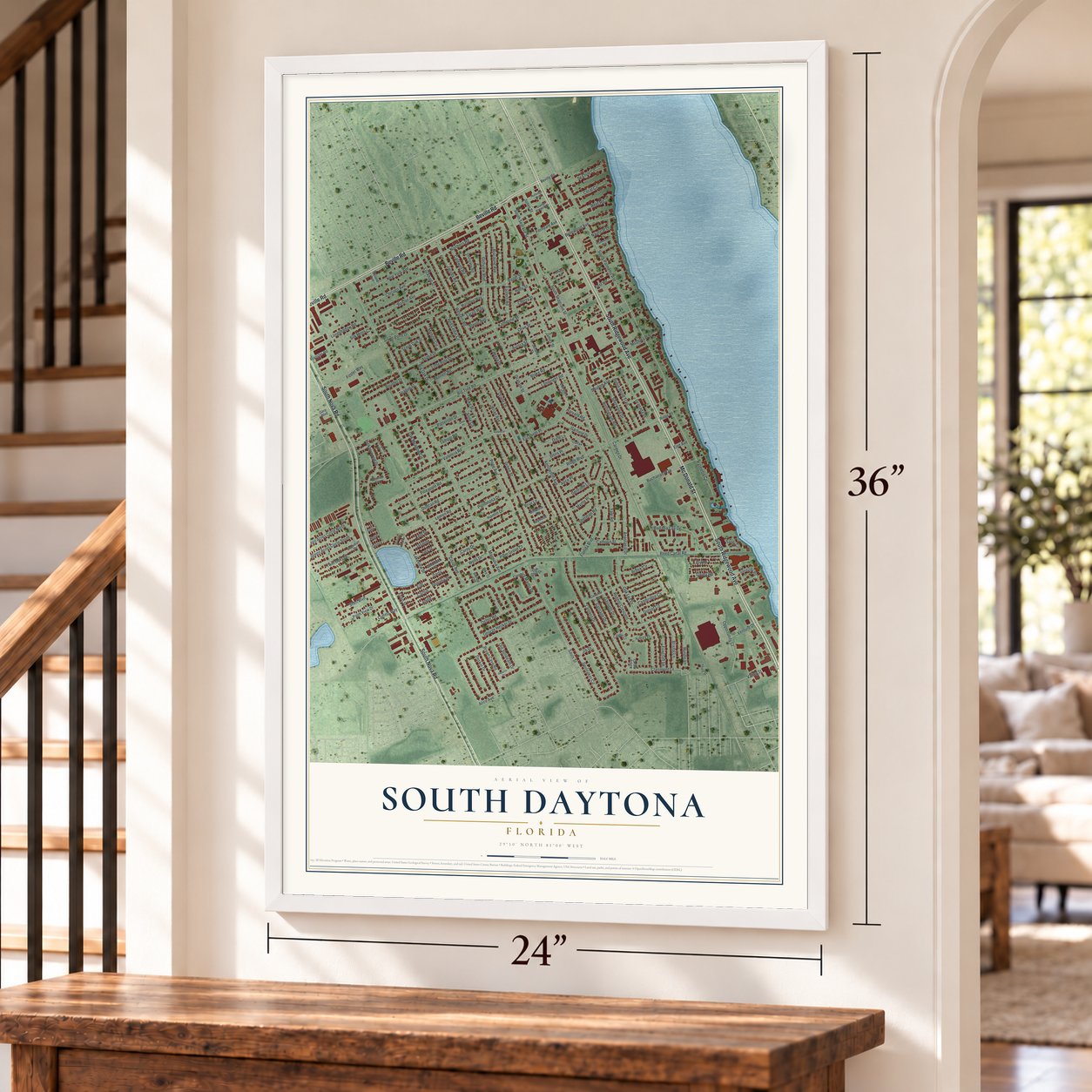 South Daytona, Florida map, 24 x 36 inch print in a white frame by a staircase