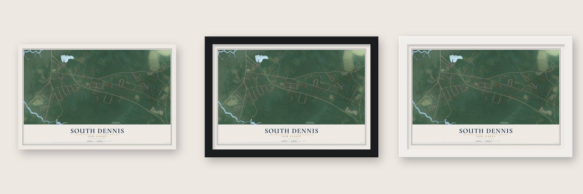 South Dennis, New Jersey map unframed, in a black wood frame and in a white wood frame
