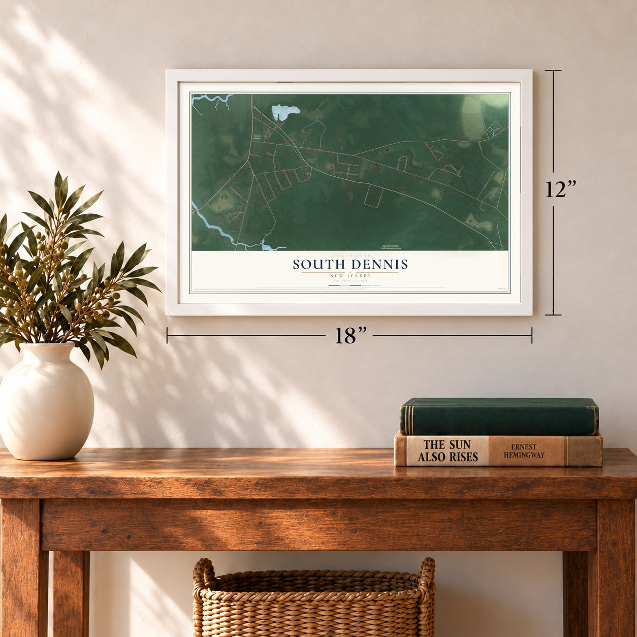South Dennis, New Jersey map, 12 x 18 inch print in a white frame in an entryway