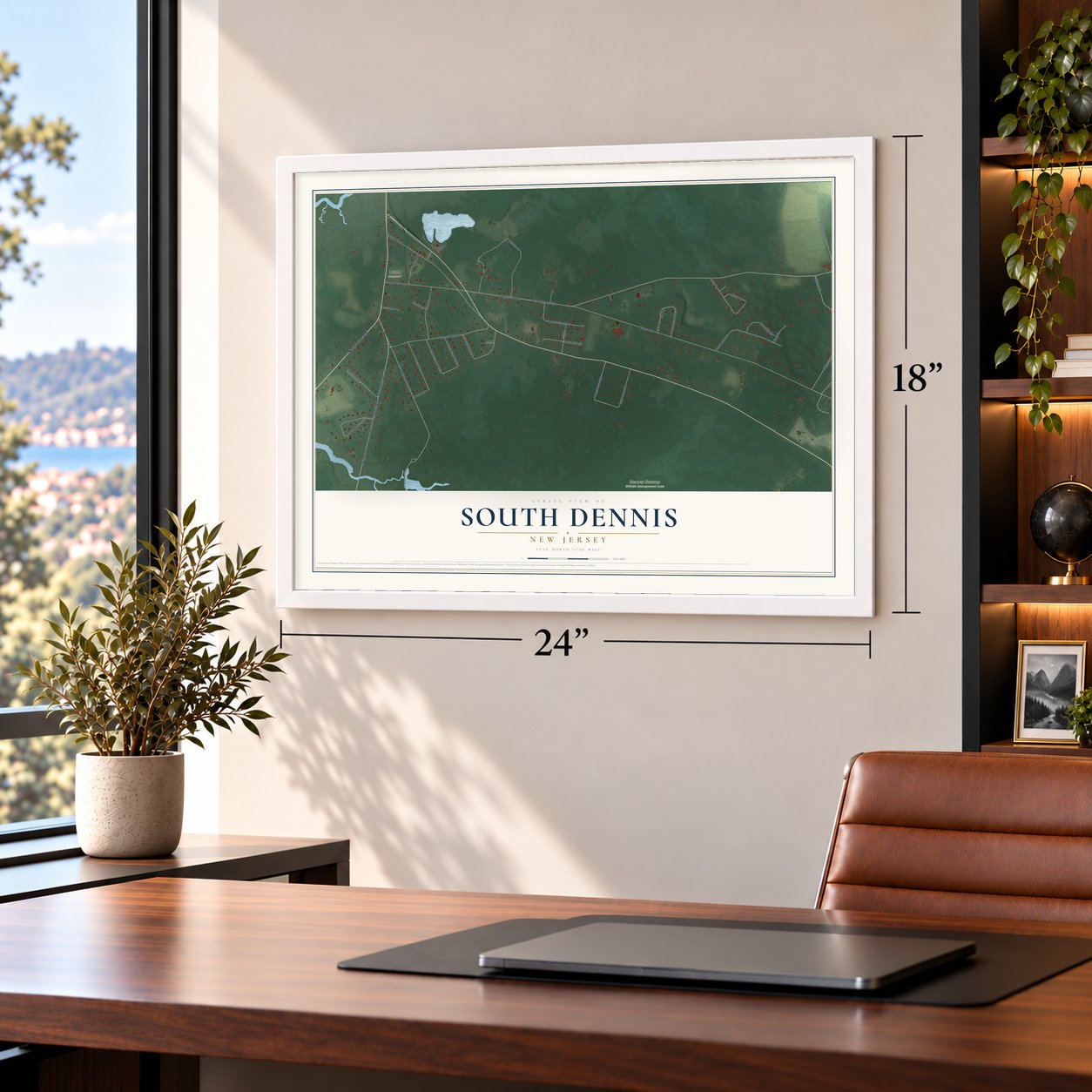 South Dennis, New Jersey map, 18 x 24 inch print in a white frame in a home office