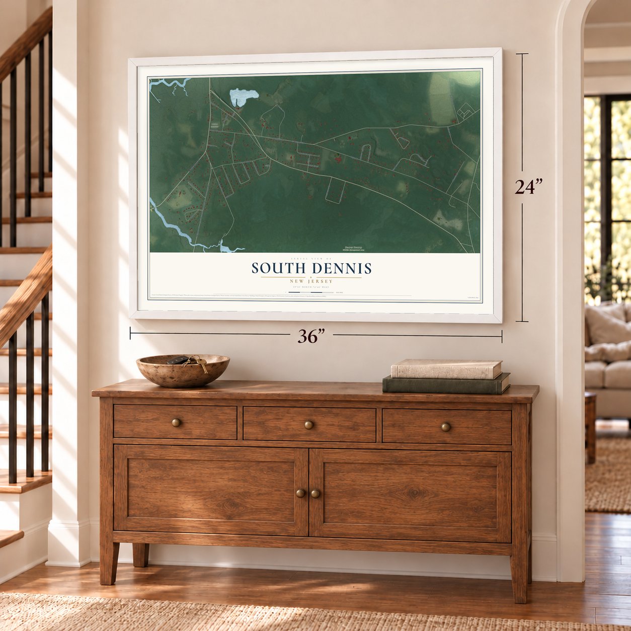 South Dennis, New Jersey map, 24 x 36 inch print in a white frame above a dresser by a staircase