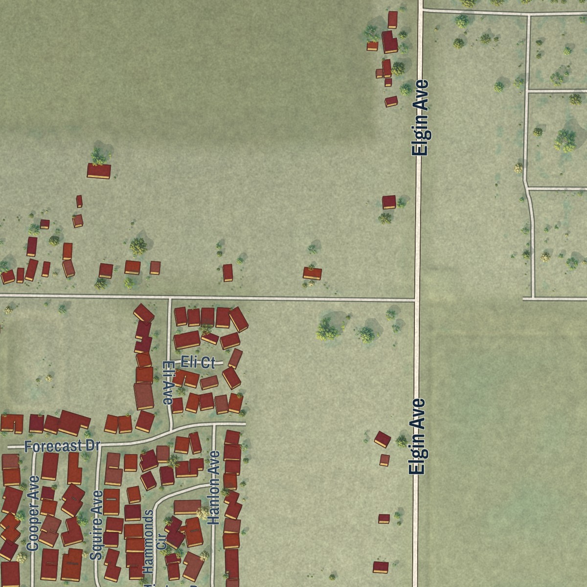 Second close-up of the map of South Dos Palos, California print showing more streets and buildings